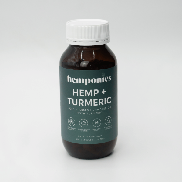 hemp and turmeric capsule bottle hemponics